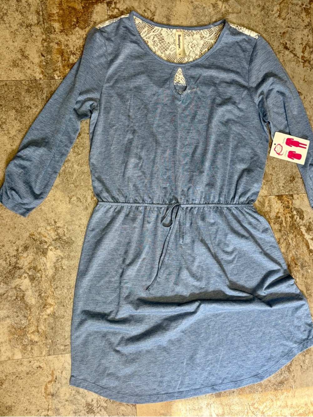 Casual Light Blue Lace-Accent Drawstring Mini Dress